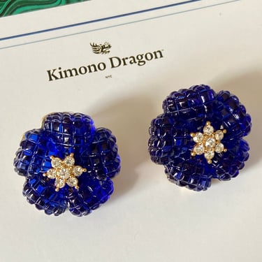 Vintage French Designer Carved Blue Lucite Flower Earrings