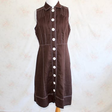 Vintage 90s Linen Shirtdress, 1990s Button Front Dress, Sundress, Sleeveless, Brown, Minimalist 