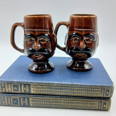 Vintage Mustache Man Wearing Fez Cups, Set of 2 Turkish Coffee Tea Mid Century Ceramic Brown Mugs, Small Espresso Cups 