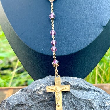 Vintage Purple Glass Faceted Beads Beaded Rosary Crucifix Virgin Mary Religious Jewelry 