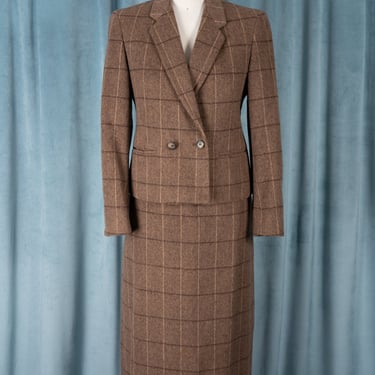 Gorgeous 1960s Cloud 9 Brown Plaid Wool Suit with Double Breasted Jacket and Skirt with Pockets! 