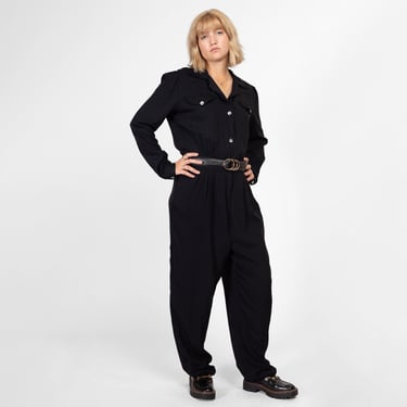 Large Tall 80s Black Jeweled Button Up Jumpsuit | Vintage Button Up Long Sleeve Collared Pantsuit 