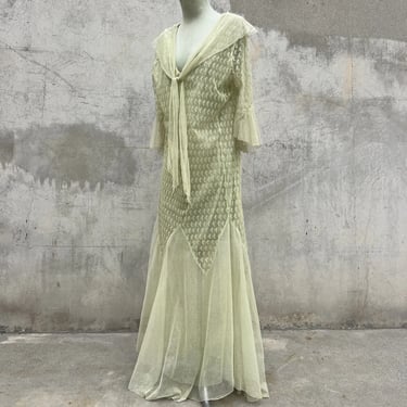 Antique 1920s Green Cotton Net Dress Grape Embroidery Maxi Flounce 1930s vintage