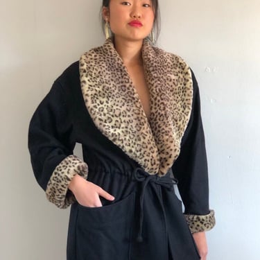 90s leopard collar wool coat / vintage faux cheetah fur black wool drawstring belted wrap long coat overcoat | M L 