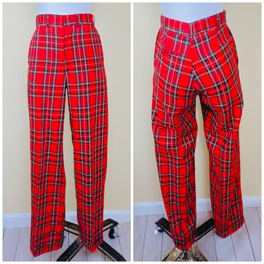 1980s Vintage Acrylic Knit Plaid Pants / 80s High Waisted Red Trousers / Small / Waist 26