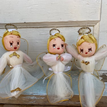 Mid Century Set Of 3 Net Angels With Rhinestone Tears, Small Xmas Tree Toppers, White Mesh, Christmas Tree Topper 