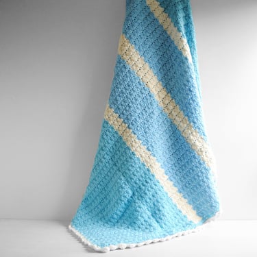 Vintage Blue and White Hand Crocheted Wool Afghan Blanket 