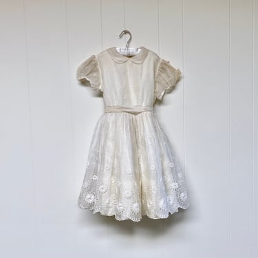 Vintage 1940s Little Girl's White Organdy Eyelet Floral Lace Puff Sleeve Party Dress, 28