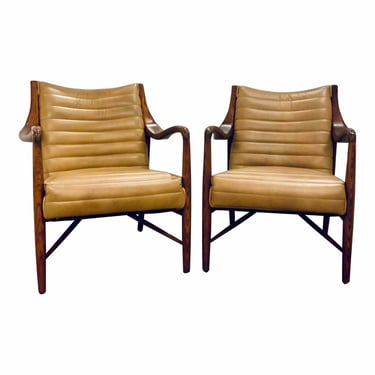 Mid-Century Modern Tan Channeled Leather and Warm Wood Tuft Lounge Chair Pair