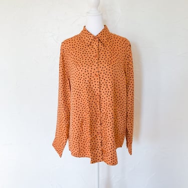 90s Silk Orange and Brown Polka Dot Collared Button Up Blouse | Large/Extra Large 