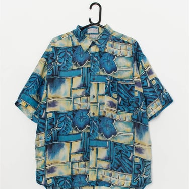 Bright vintage abstract shirt in blue and yellow - Medium / Large 