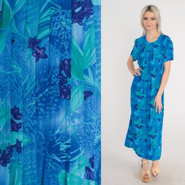 Tropical Floral Dress 90s Blue Pleated Short Sleeve Day Flower Print Retro Flowy Summer Grunge Ankle Length Maxi Vintage 1990s Large L XL 
