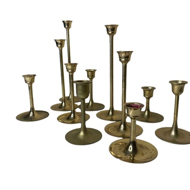 Vintage Brass Candlestick Holders, Wedding Candle Holders Mixed Tulip Style, Set of 11 