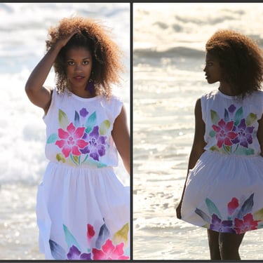 Vintage 80s Floral Beach dress-Mini dress Boho Hippie flirty airy-xs s m pockets cover up 