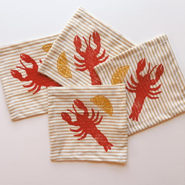 linen cocktail napkins. lobster on mustard stripe. hand block printed. boho decor. hostess or housewarming gift. low country boil. coastal. 