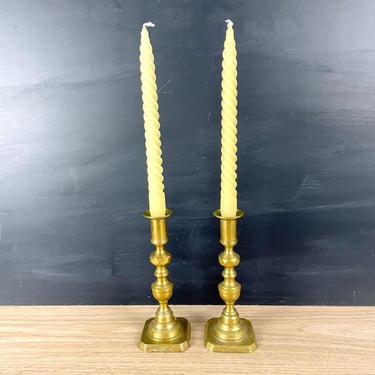 Antique Victorian brass push up candlesticks - a pair 