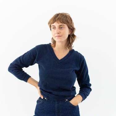 Vintage Navy Blue V Neck Sweatshirt | 70s Cotton Blend Made in USA | XS | 