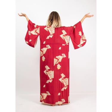 Vintage Japanese mid century print silk kimono / 1950s deep red crepe robe 