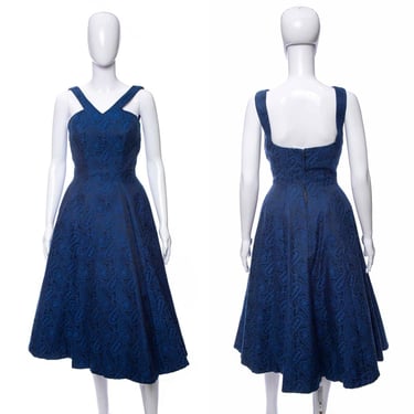 1960's Grenelle Estevez Blue Textured Paisley Printed Halter Party Dress Size S