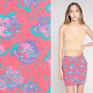 Ocean Pacific Skirt Y2k Pink Floral Mini Skirt High Crossover Waist Fitted Stretchy Tropical Flower Print Purple OP Vintage 00s Medium M 
