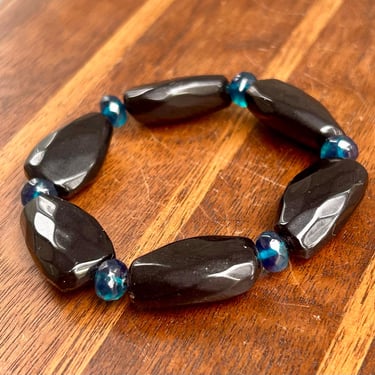 Vintage Deep Blue Faceted Plastic Beaded Bracelet Retro Fashion Jewelry 