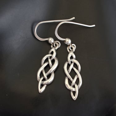 90's 925 silver Celtic knot Sea Gems tribal dangles, elongated SG sterling mystic twisted ribbon earrings 