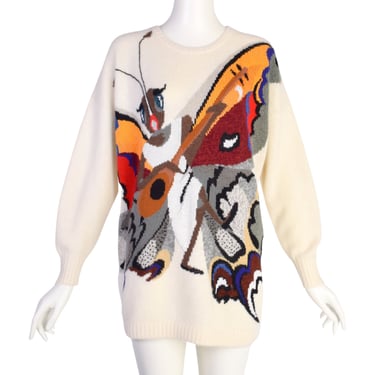 Krizia Vintage 1980s Incredible Colorful Butterfly Mandolin Cream Wool Angora Sweater