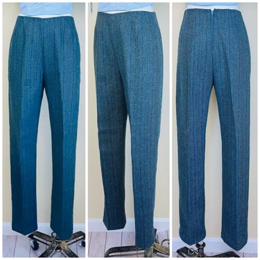 1960s Vintage Blue Herringbone High Waisted Trousers / 60s Blue Wool Lined Cigarette Pants / Small 