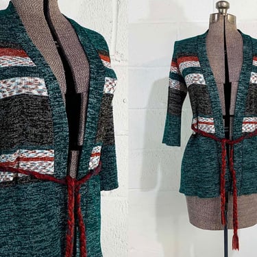 Vintage Space Dyed Cardigan Sweater 3/4 Sleeve Open Front Belted Knit Twin Peaks Green Stripe Boho XS Small 1970s 