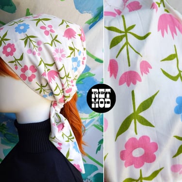 Adorable Vintage 60s 70s White Pink Blue Stemmed Flowers Patterned Cotton Head Scarf 