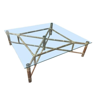 1970s Large Bamboo and Glass Square Coffee Table by John McGuire 