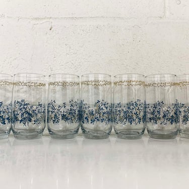Vintage Floral Glasses Blue Flower Set of 7 Daisy Pattern Flowers Juice Home Kitchen Glassware 1970s 