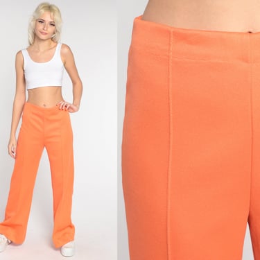 Orange Bell Bottom Pants 70s High Waisted Trousers Boho Flared Polyester 1970s High Waist Hippie Vintage Bohemian Medium 