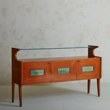 Wood + Green Glass Seahorse Credenza in the style of Vittorio Dassi, Italy 1950s