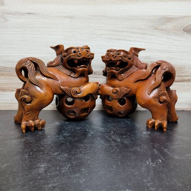 Carved Wooden Puzzle Ball Foo Dogs - Chinese Lion Figure 