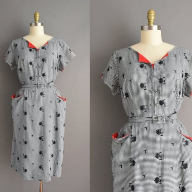 1950s dress | Adorable Black & White Gingham Print Short Sleeve Cotton Dress | XL XXL | 50s vintage dress 