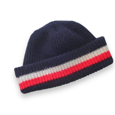 vintage beanie / striped beanie / 1970s navy blue red and white striped acrylic knit ribbed cuffed beanie 