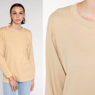 Tan Long Sleeve Shirt Y2k Shirt Basic Plain Taupe T-Shirt Retro Tee Neutral Warm Fall Layering Tshirt Vintage 00s Large L 