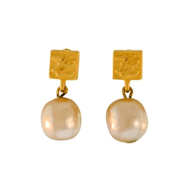 Karl Lagerfeld Vintage Dainty Brushed Gold Logo Baroque Pearl Dangle Earrings