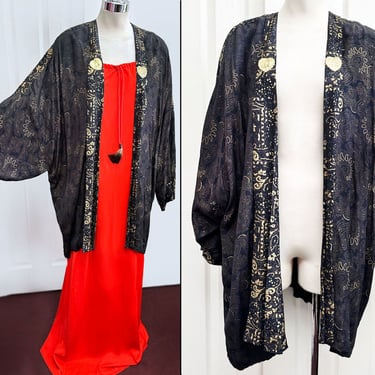 80's Dorothy Schoelen Designer Brown Black & Gold Cocoon Flapper style Duster Jacket, Evening Coat, METAL HEART CHERUBS Vintage 1980's 