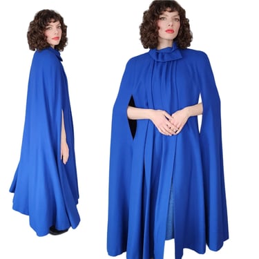 Vintage Blue Wool Cloak 80s Does 40s Large Shoulders 