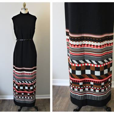 Vintage 1960s 70's Ayres Unlimited Black Knit Maxi Dress Abstract Geometric Column  // US 6 8 10 Medium 
