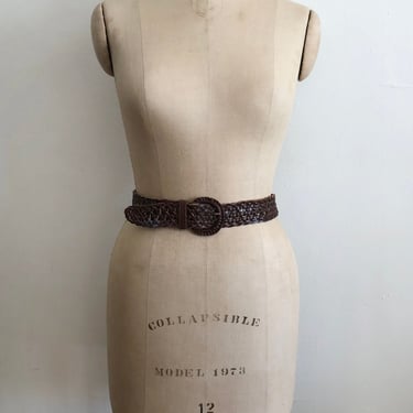 Open-Weave Brown Leather Waist Belt - 1980s 