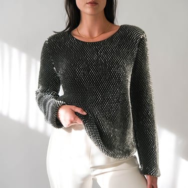 Vintage 90s ESCADA Gunmetal Gray Cashmere Blend Sweater w/ Silver Vertical Standing Sequin Design | Made in Germany | 1990s Designer Sweater 