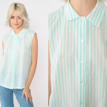 Pastel Striped Tank Top 80s Semi-Sheer Mint Blue Button Up Sleeveless Top Retro Casual Summer Blouse White Collared 1980s Vintage Medium 