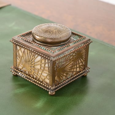 Tiffany Studios New York Pine Needle Bronze Doré and Slag Glass Inkwell