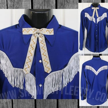 Rockmount Vintage Retro Western Men's Cowboy Shirt, Rodeo Shirt, Electric Blue with White Fringe, 15.5-35 - Small. (see meas. photo) 