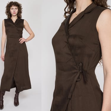 Medium 90s Minimalist Dark Olive Brown Linen Wrap Dress | Vintage Il Marchese Coccapani Sleeveless Collared Maxi Dress 