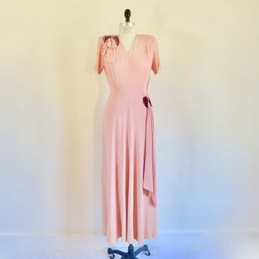 1940's Pink Rayon Crepe Long Maxi Formal Dress Party Cocktail Short Sleeves Magenta Sequin Appliques Rockabilly WW2 Era 28" Waist Medium 