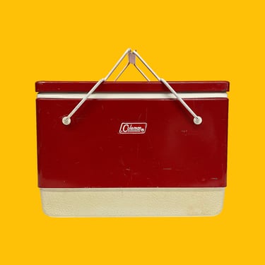 Vintage Coleman Cooler Retro 1960s Mid Century Modern + Red and White + Metal and Plastic + Outdoor + Camping + Ice + Food + Drink Storage 